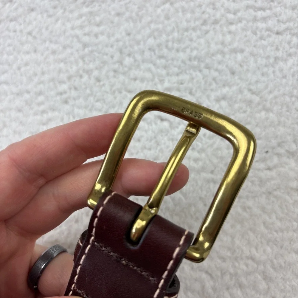 NEW LL BEAN‎ Mens Canvas Leather Waist Belt Size 44 Dark Brown Gold Brass Buckle